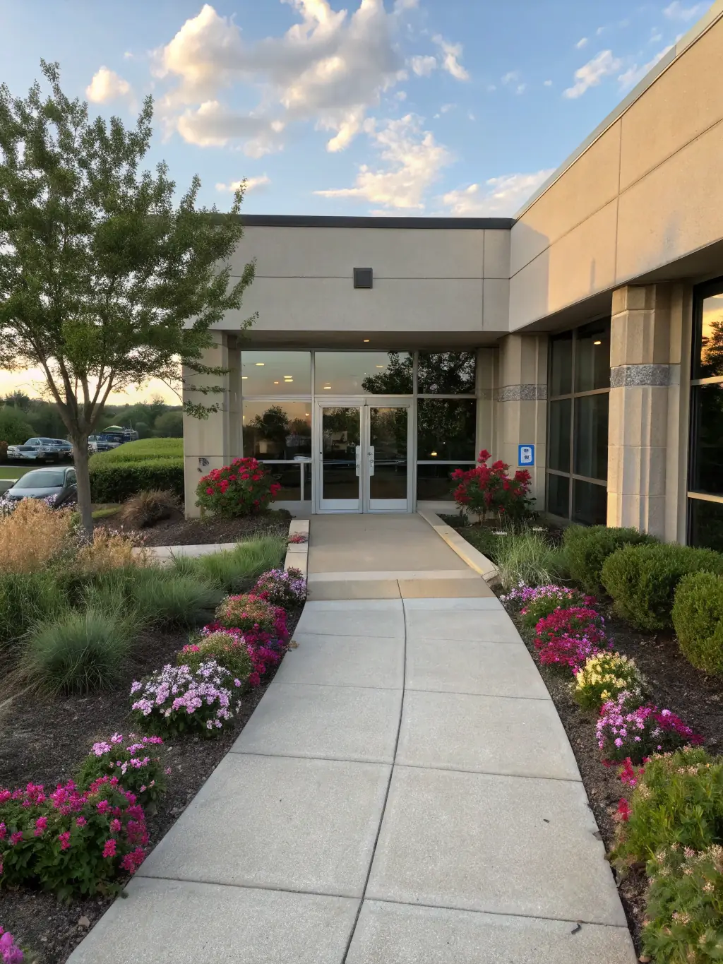 A commercial building with a beautifully landscaped entrance, featuring colorful flowers, manicured hedges, and a welcoming pathway, emphasizing curb appeal.