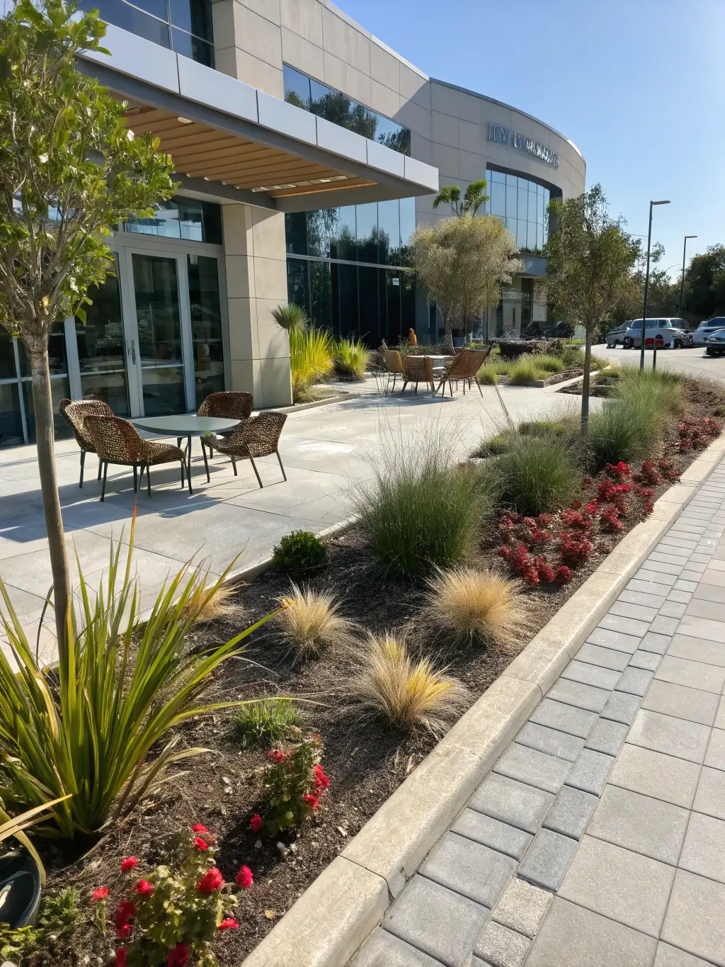 A commercial property with a sustainable landscape design, featuring drought-tolerant plants, efficient irrigation systems, and eco-friendly maintenance practices.